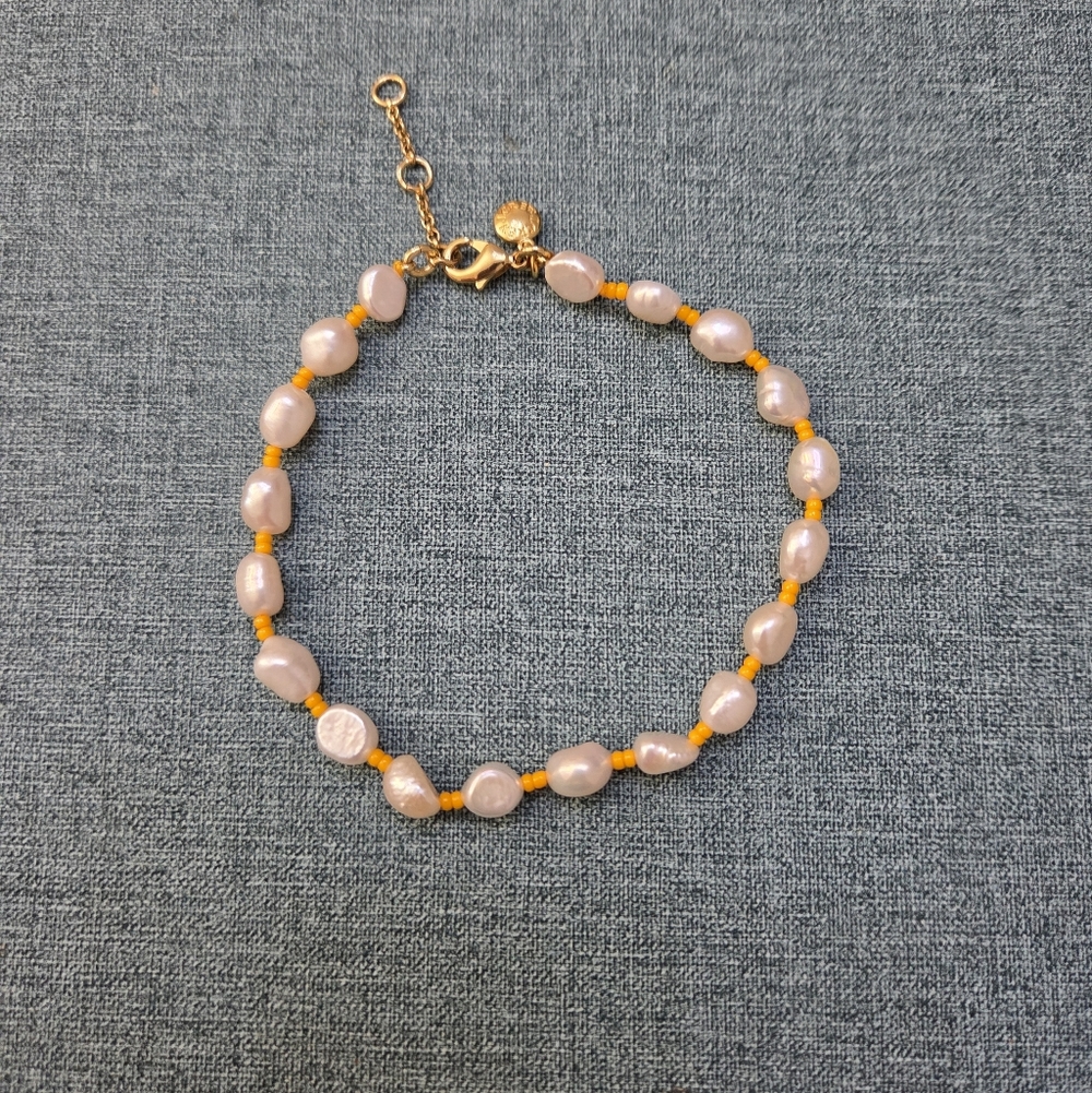 J.crew Pearl And Yellow Beaded Gold Anklet